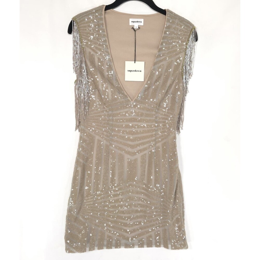 SUPERDOWN REVOLVE Women’s New SMALL Mini Dress Beige Sequin Beaded V Neck Party